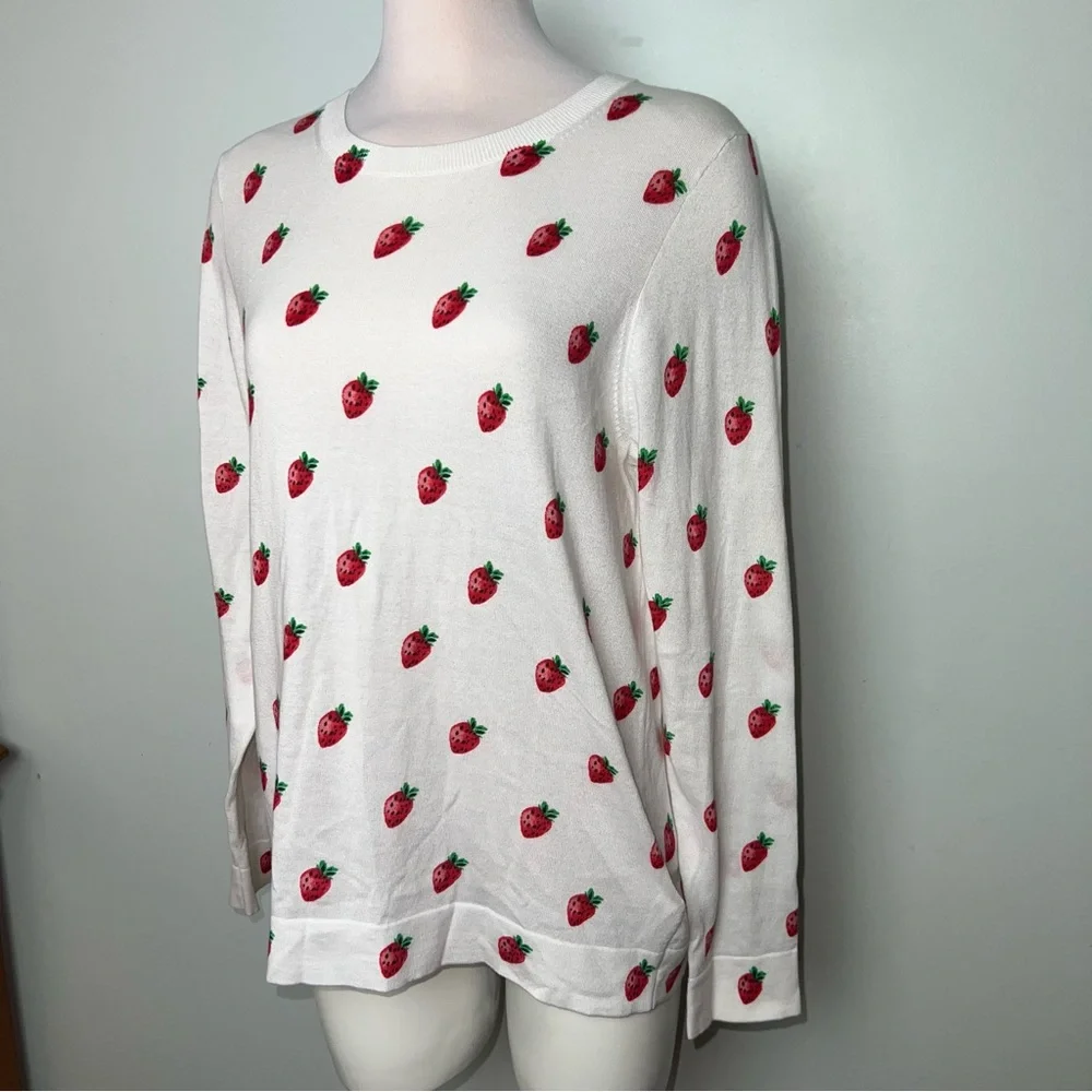 J. Crew Teddie Strawberry Print Cotton Sweater Cream Preppy Red Fruit Graphic L